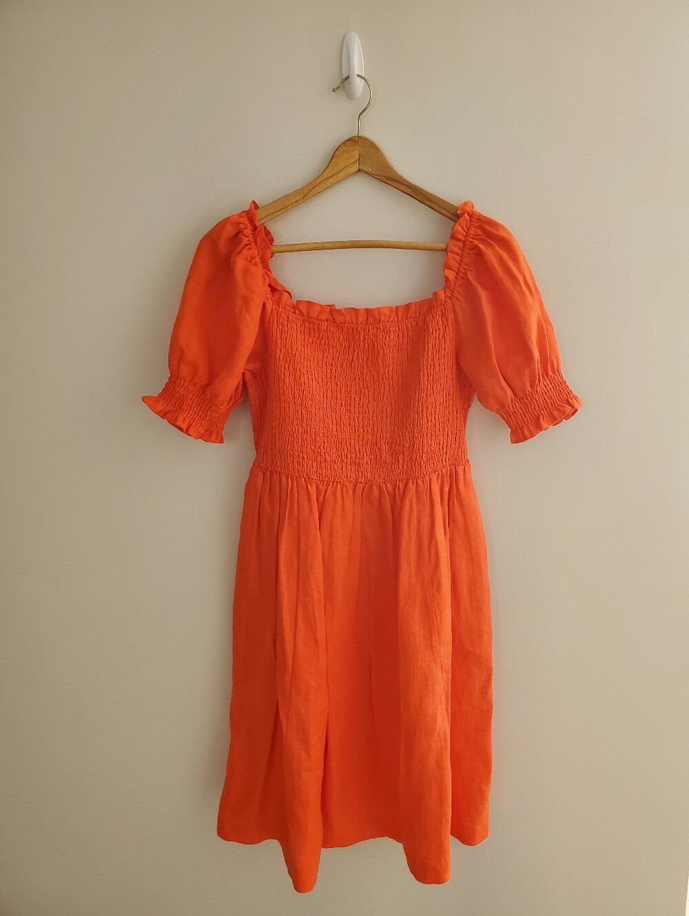 Boden Smocked Ruched Puff Sleeve Orange Linen Mini Dress Womens 10L Large NWT